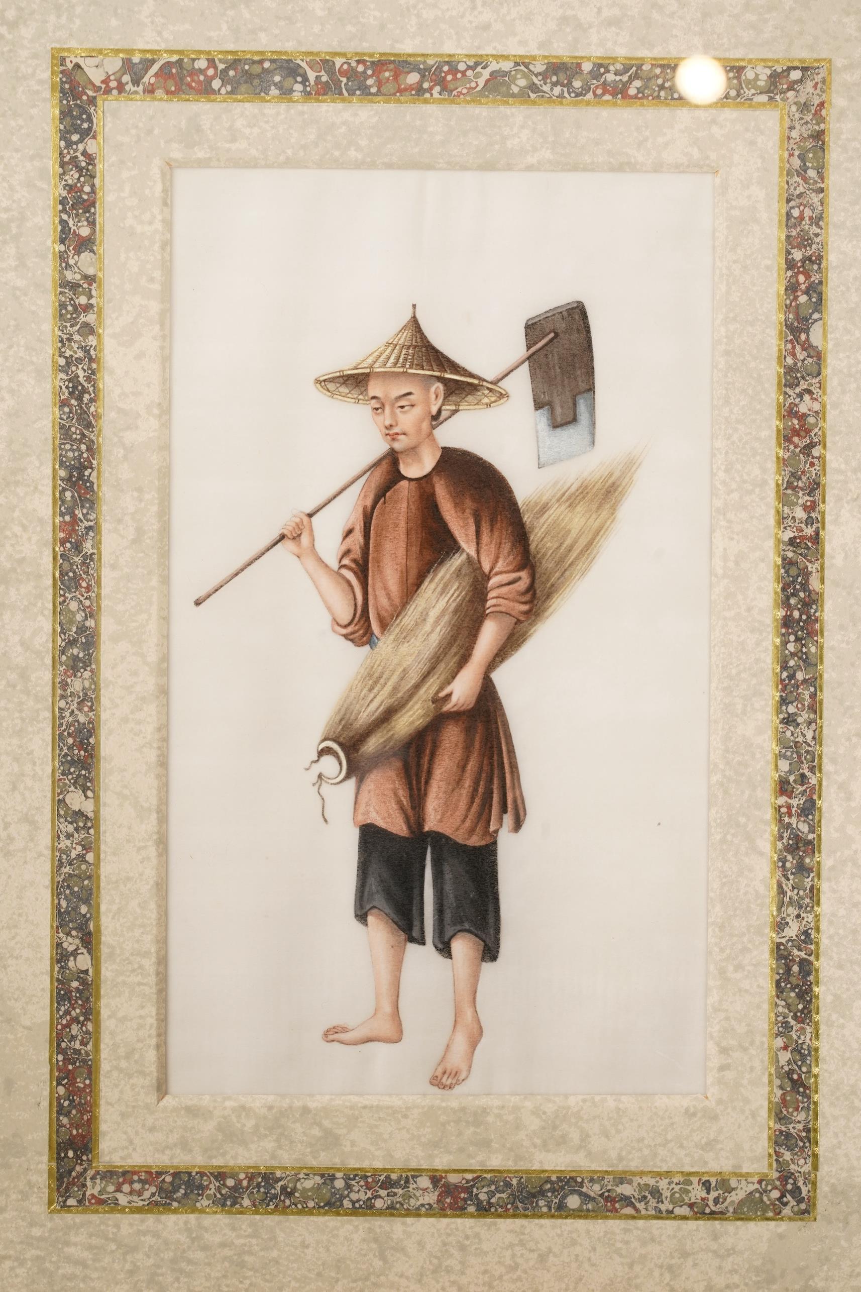 Circle of Youqua , Chinese (Mid 19th century), Street vendors, A set of six watercolours on pith paper, Image 23cm x 12.2cm
